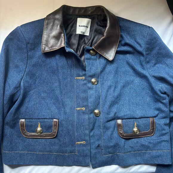 Sandro Denim Jacket with Leather Collar - Picture 7 of 16